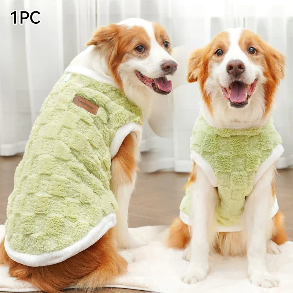 Fleece dog pullover sweater in green with brown patch label and white trim