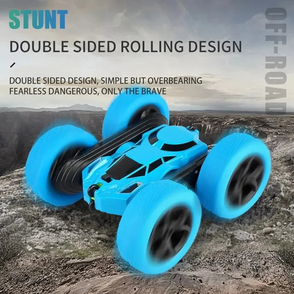 Blue RC stunt car with double-sided rolling design and oversized glowing-style tires