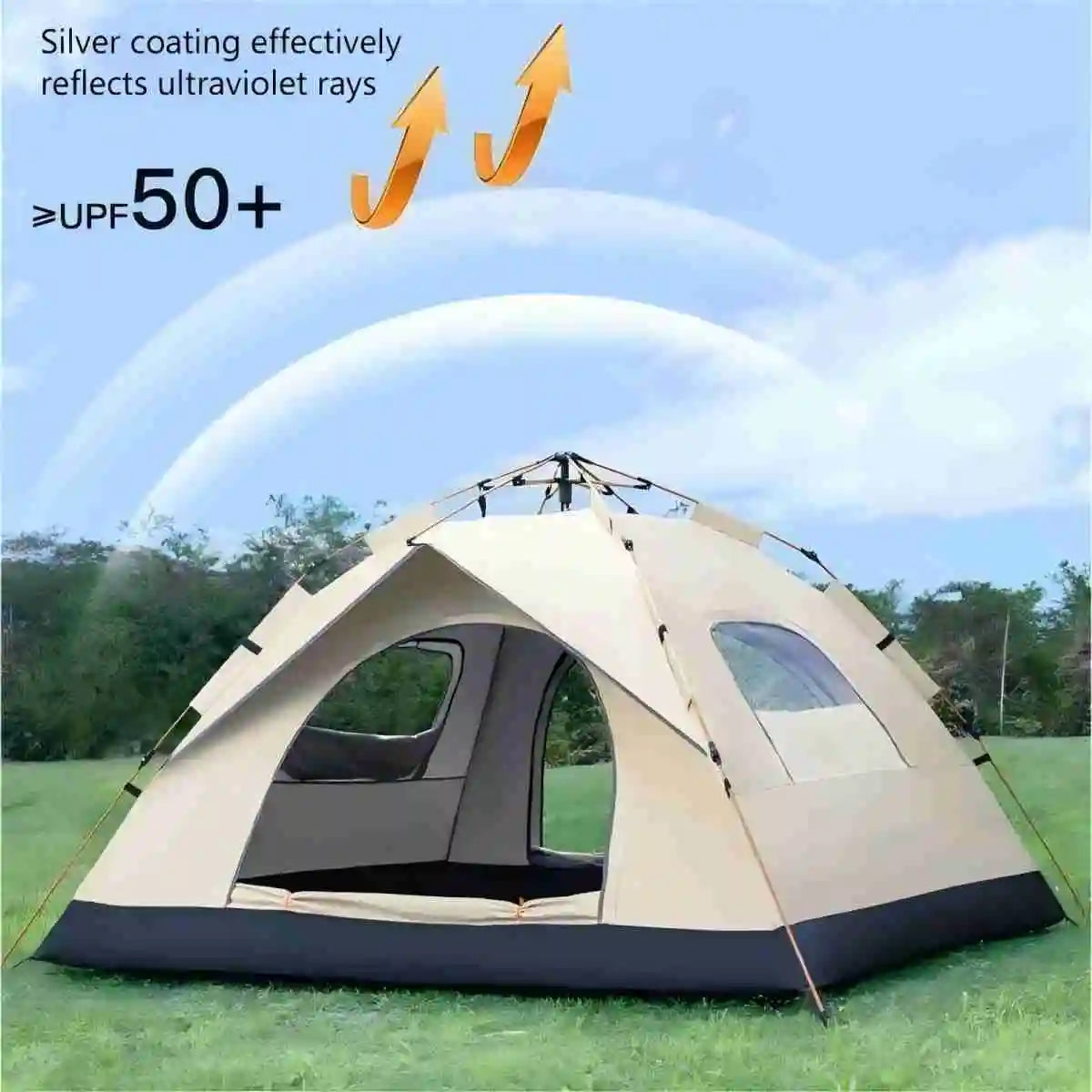 Sun shelter tent with two side mesh windows, cream canopy, and dark gray panels