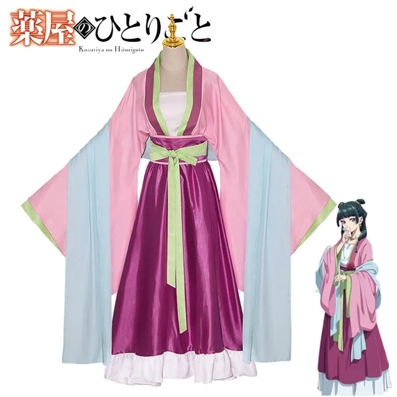 Pink anime cosplay dress on mannequin with purple skirt, light blue sleeves, and green belt