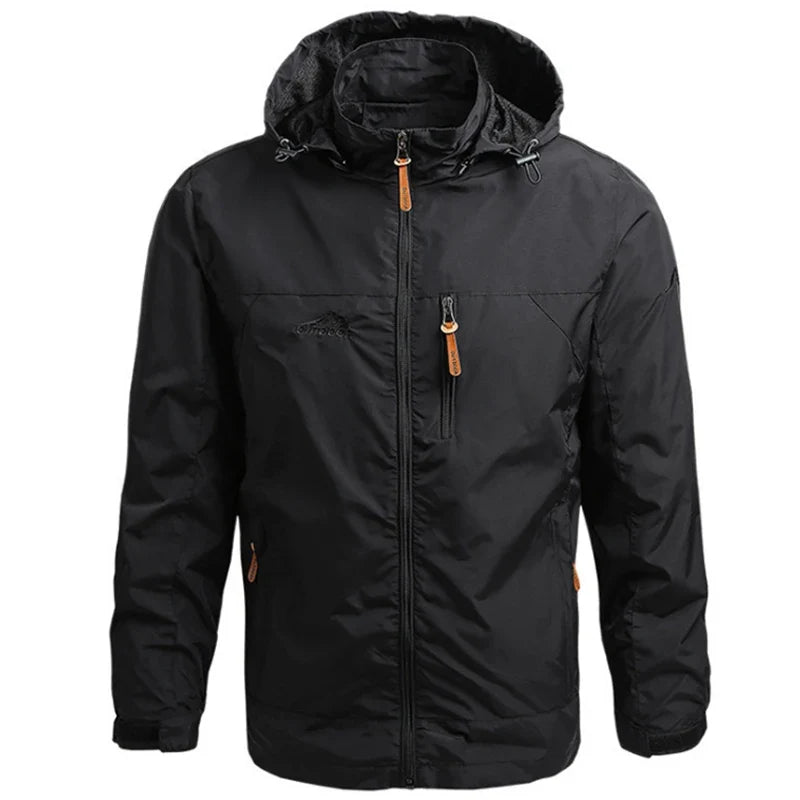 Men's waterproof windbreaker jacket in black, full-zip with hood and orange pulls