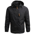 Men's waterproof windbreaker jacket in black, full-zip with hood and orange pulls