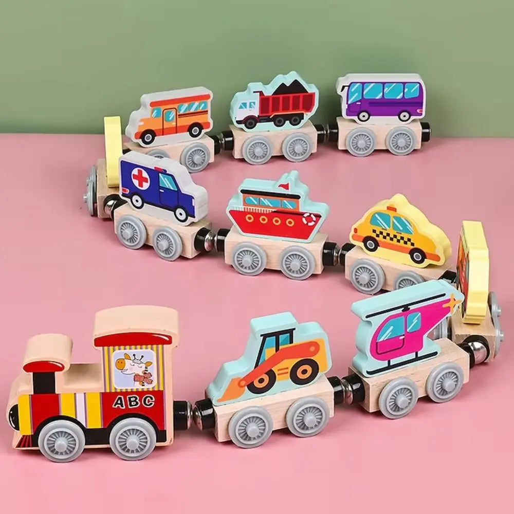 Wooden magnetic train set with colorful traffic vehicle block cars, including ambulance and ABC bus