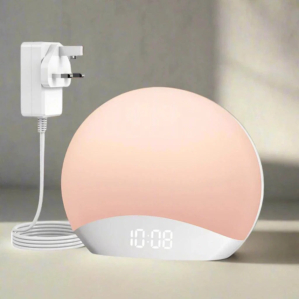 Peach bedside sunrise alarm clock with 00:08 display and plugged power cord
