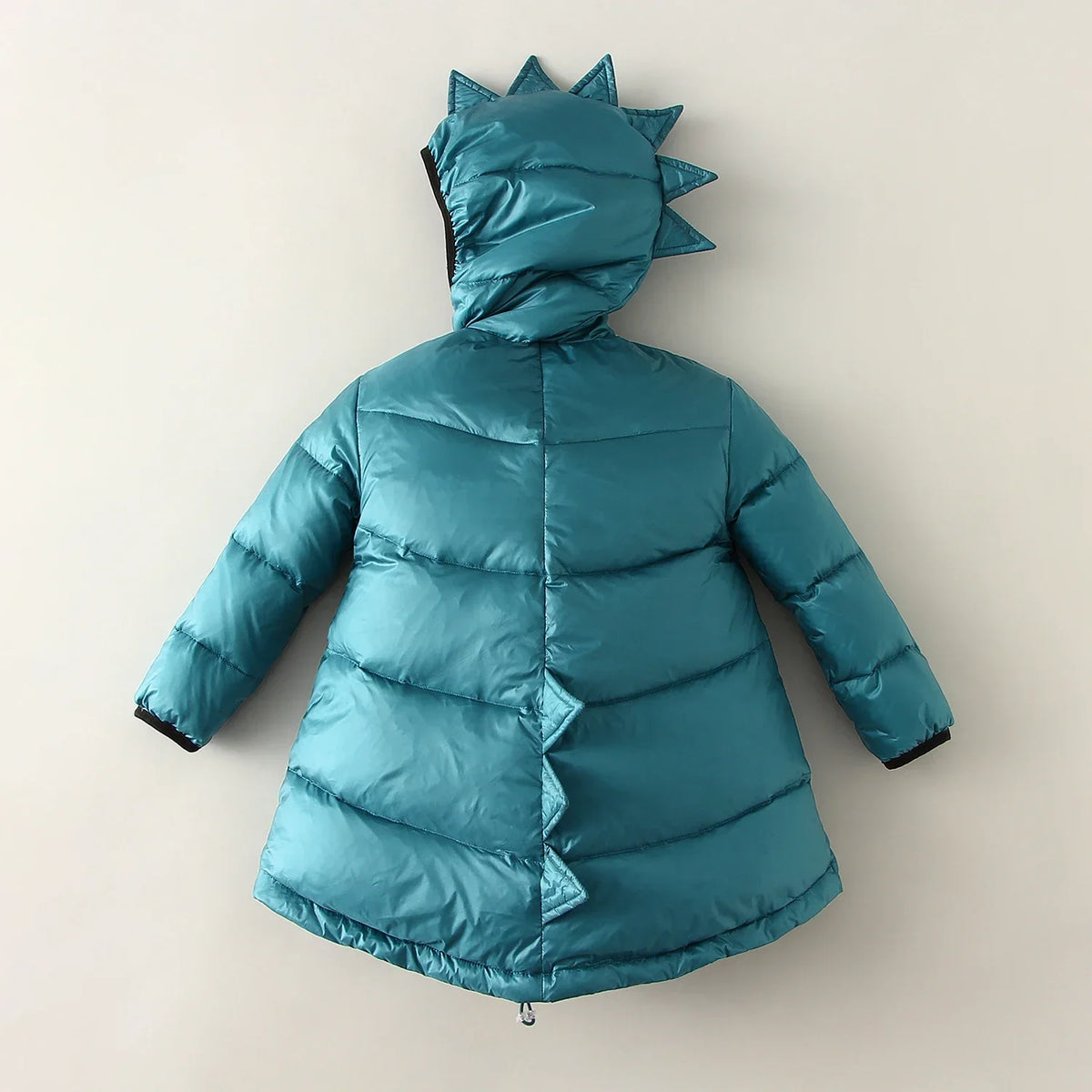 Kids teal dinosaur-hood puffer parka, back view with quilted panels and spikes