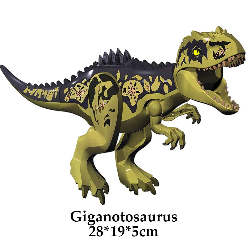Green and black giganotosaurus dinosaur building block figure with patterned body and tail