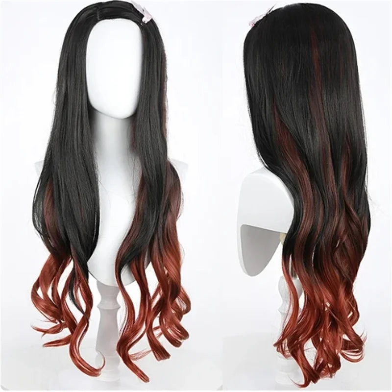 Two views of long black-to-amber and orange wavy cosplay wig