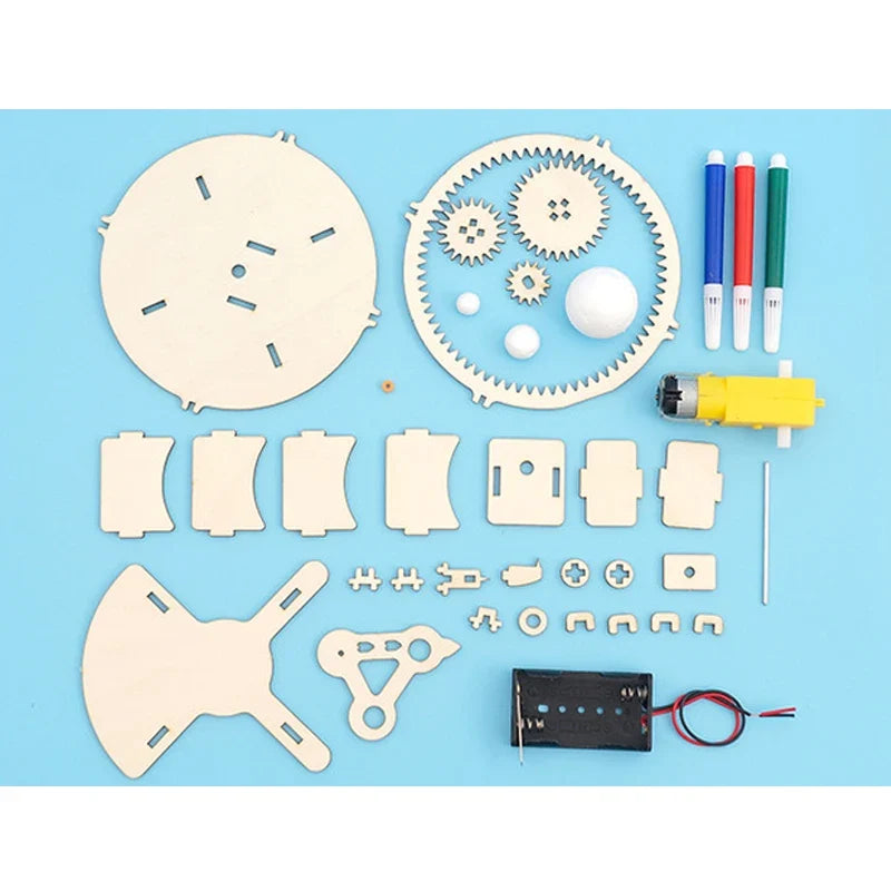 Solar system wooden puzzle kit parts set with gears, connectors, and circuit module