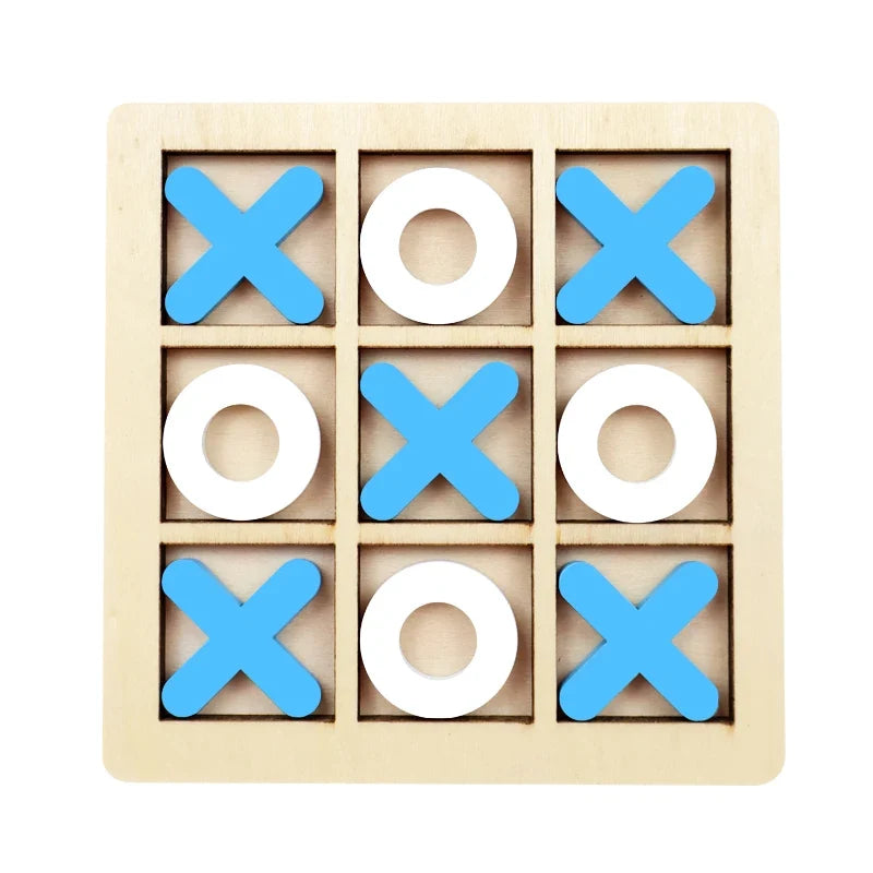 Wooden tic-tac-toe board with blue X pieces and white O rings