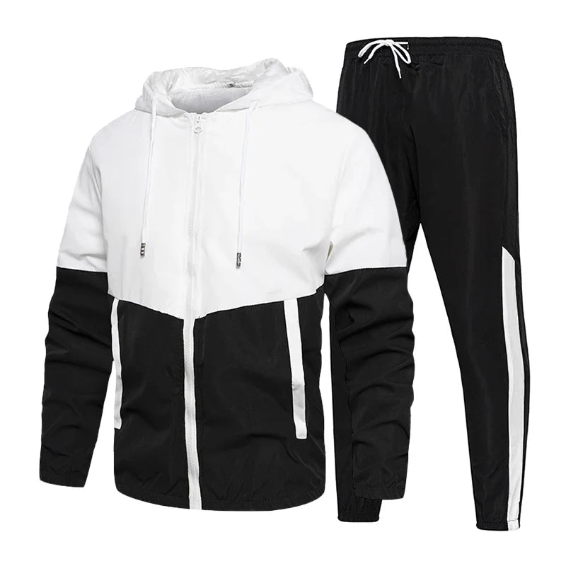 Men’s color-block hooded windbreaker jacket and jogger pants set, white and black