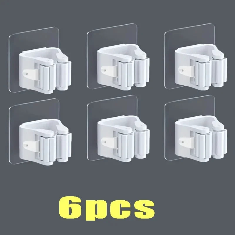 Wall mop and broom holder clips, set of 6, white adhesive organizers