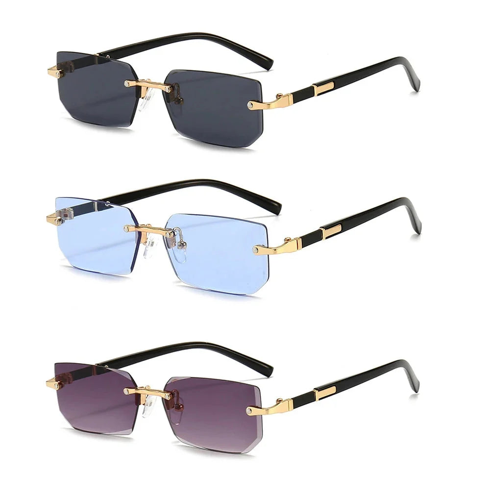 Three rimless square sunglasses set: dark blue, light blue, and purple lenses with black arms.