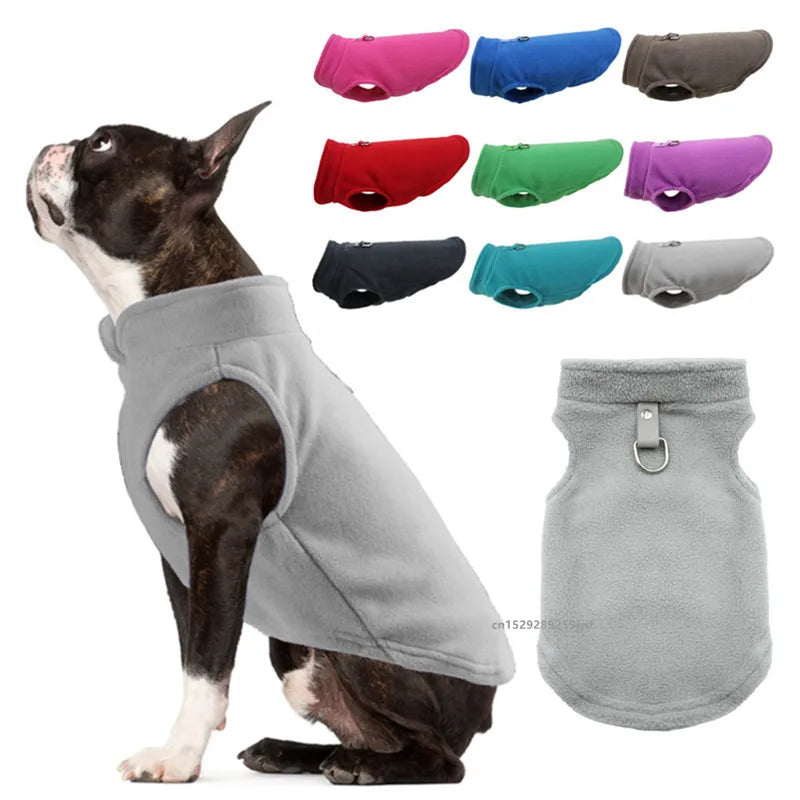 Grey fleece dog & cat jacket with D-ring, sleeveless warmth vest