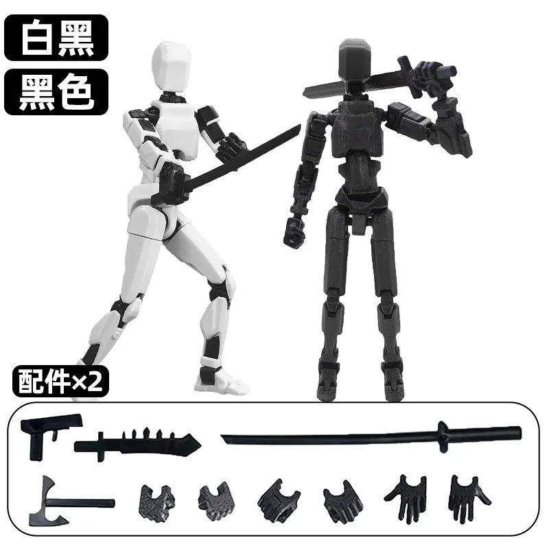 White and black multi-jointed robot action figures standing with weapon accessory parts