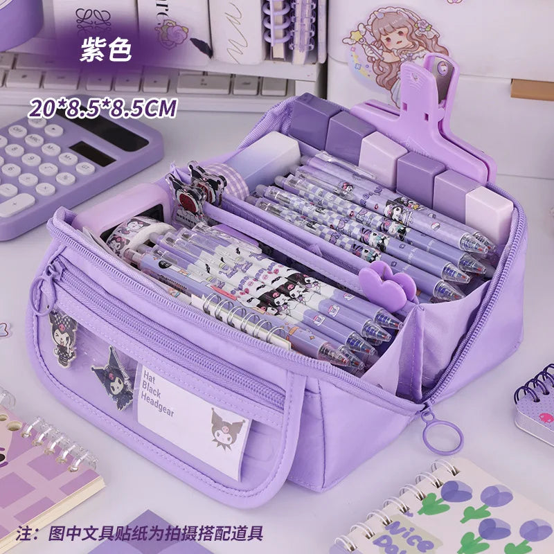 Dark purple zip pencil case open with pen rows and front character pocket