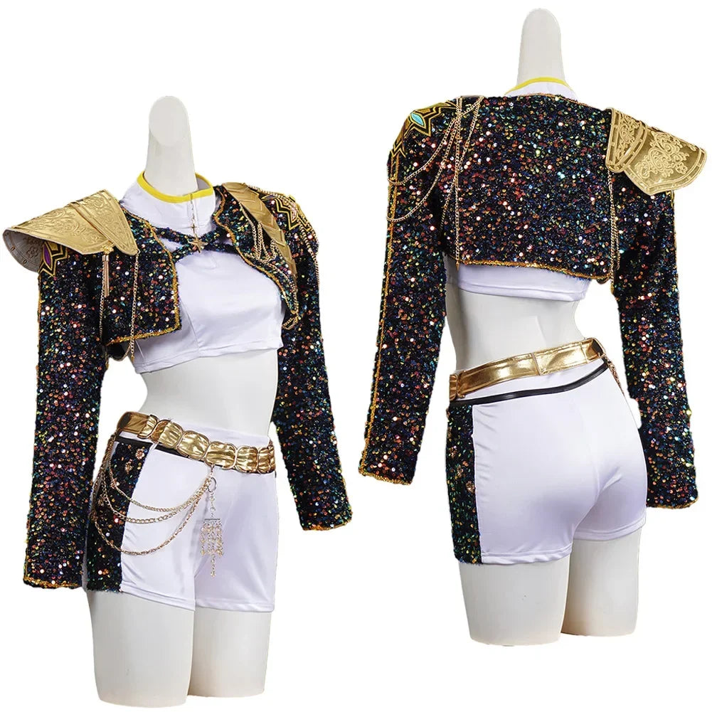 Kids cosplay uniform set: gold-trim sequin jacket, white top, gold belt, and shorts