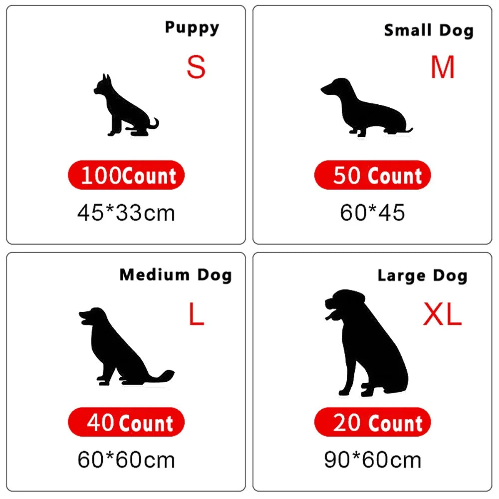 Dog pee pad size chart: S, M, L, XL with count and dimensions