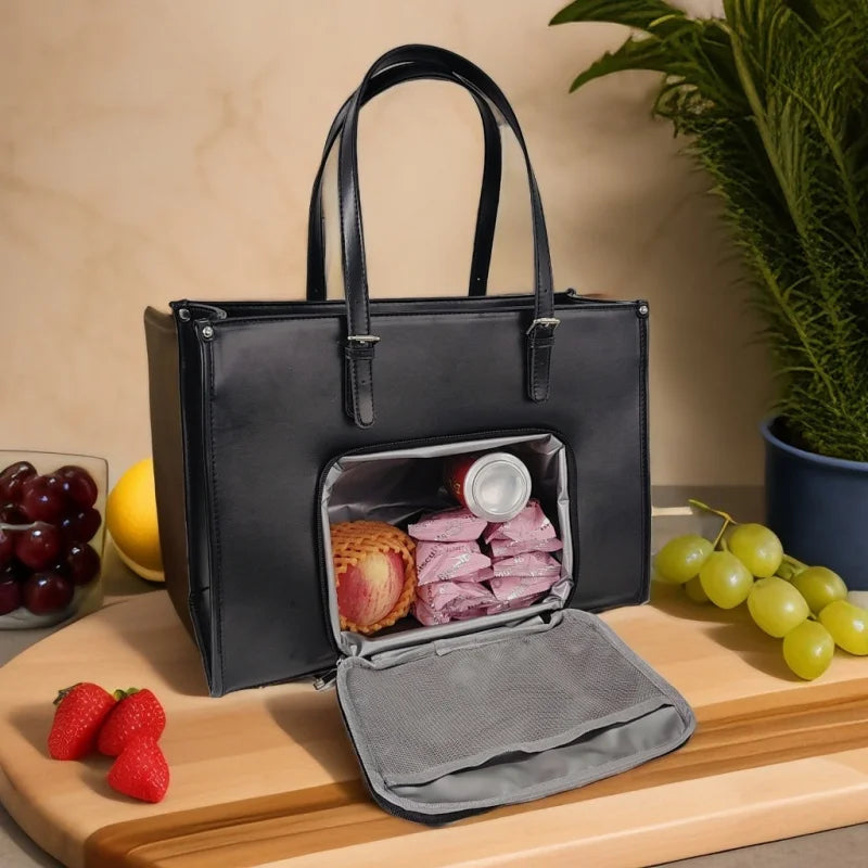 Black insulated tote bag with open cooler compartment and carry handles, includes divider pouch