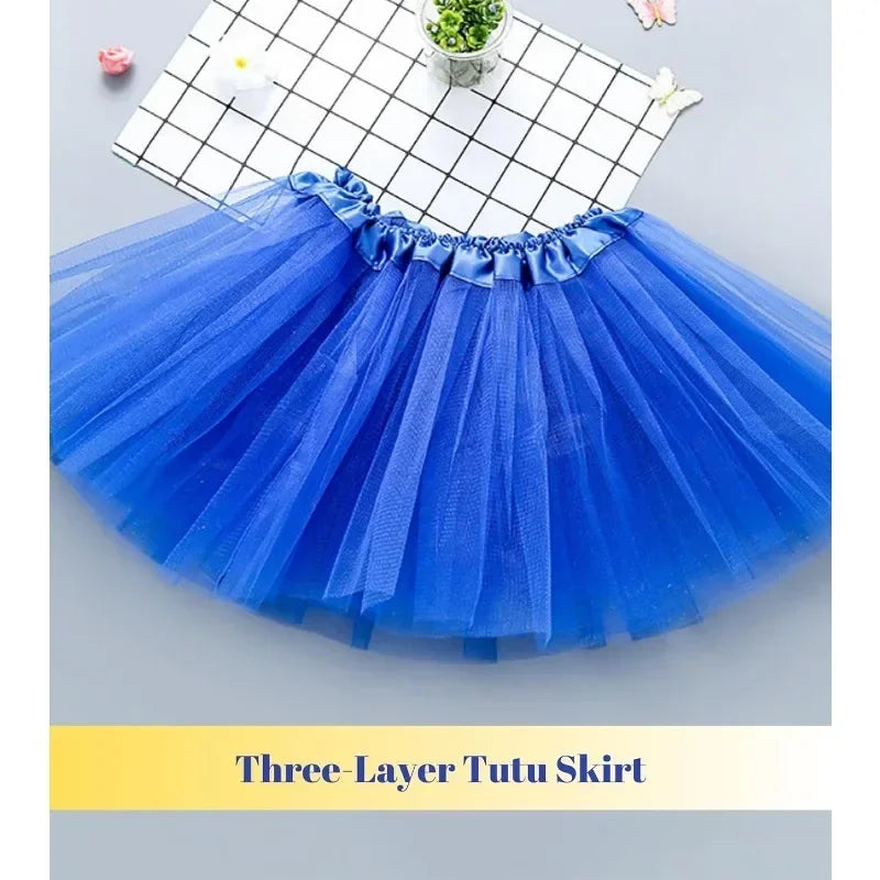 Blue three-layer tulle tutu skirt with elastic waistband for costume