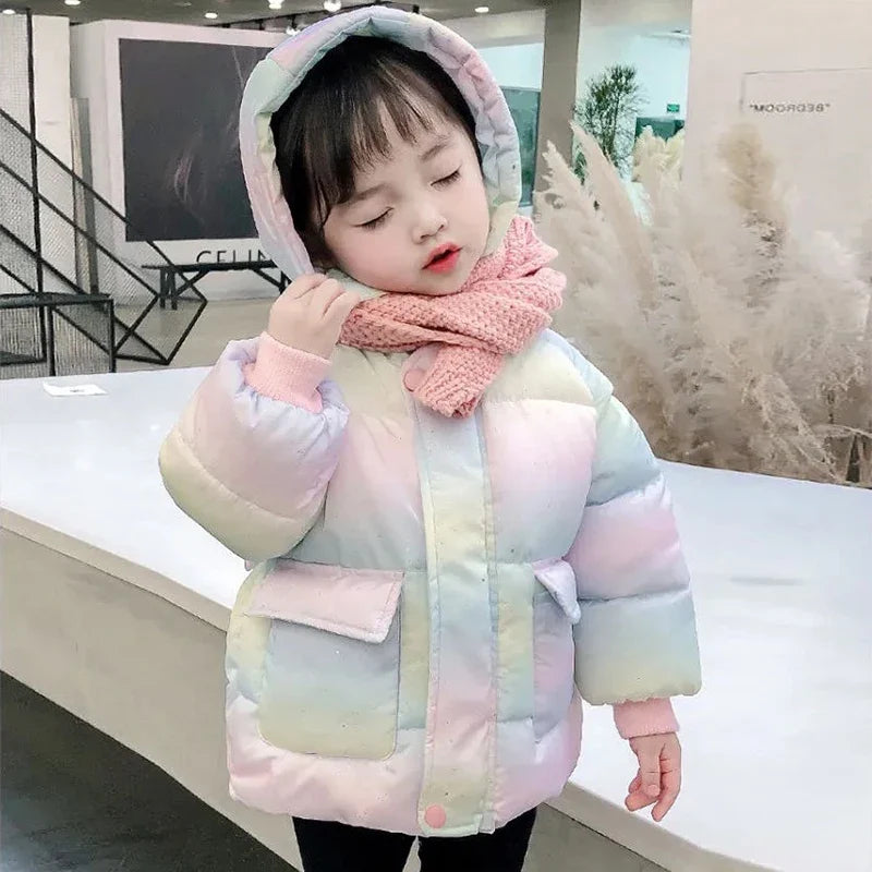 Kids' pastel rainbow hooded puffer jacket on child, front pockets and button closure