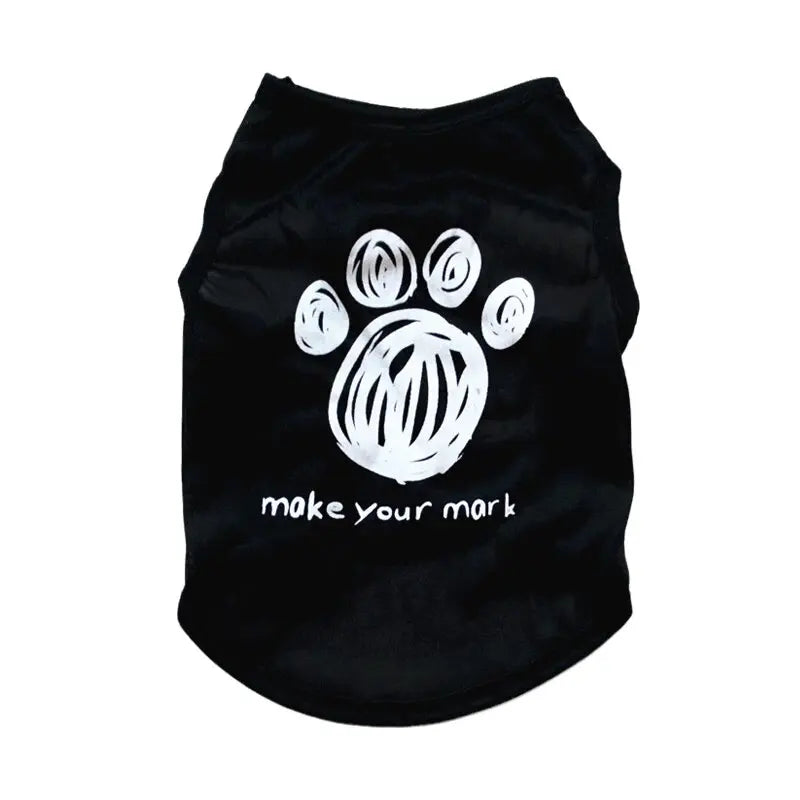 Black dog t-shirt with paw print icon and "make your mark"