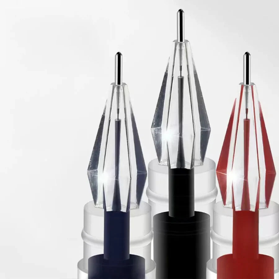 Diamond tip gel pens with caps showing blue, black, and red ink reservoirs