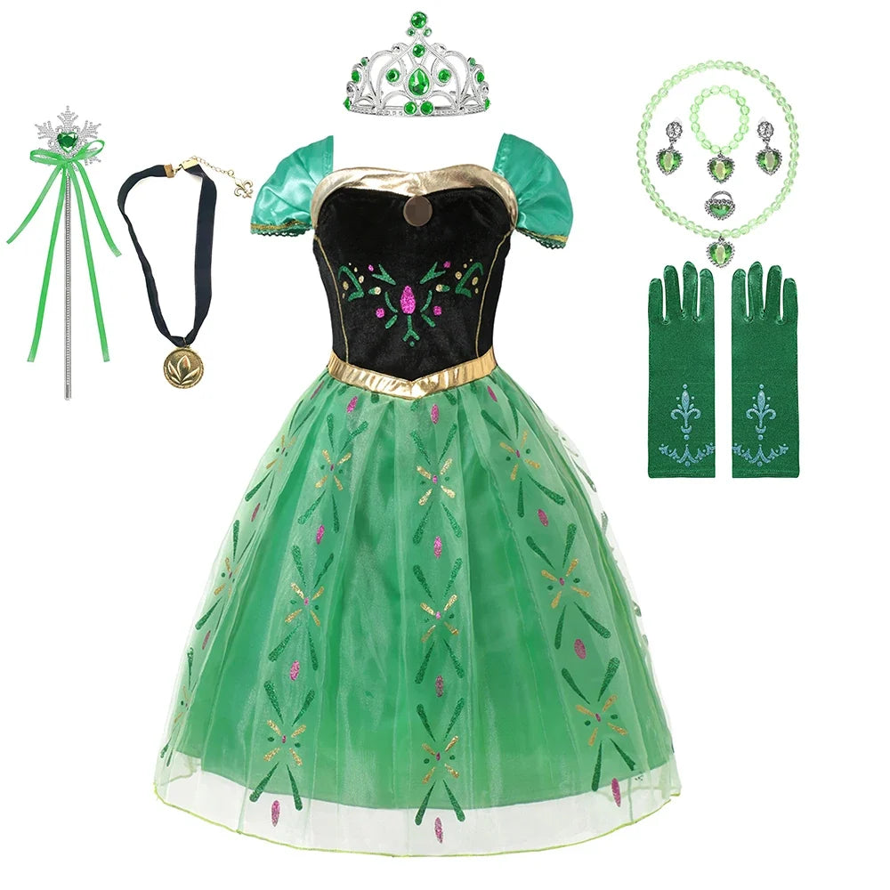 Kids green princess-style dress with black velvet bodice, puff sleeves, and tulle skirt