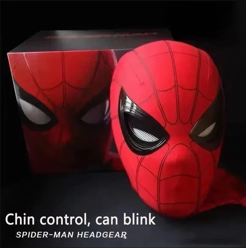 Red Spider-man style electronic mask with glowing mesh eye panels