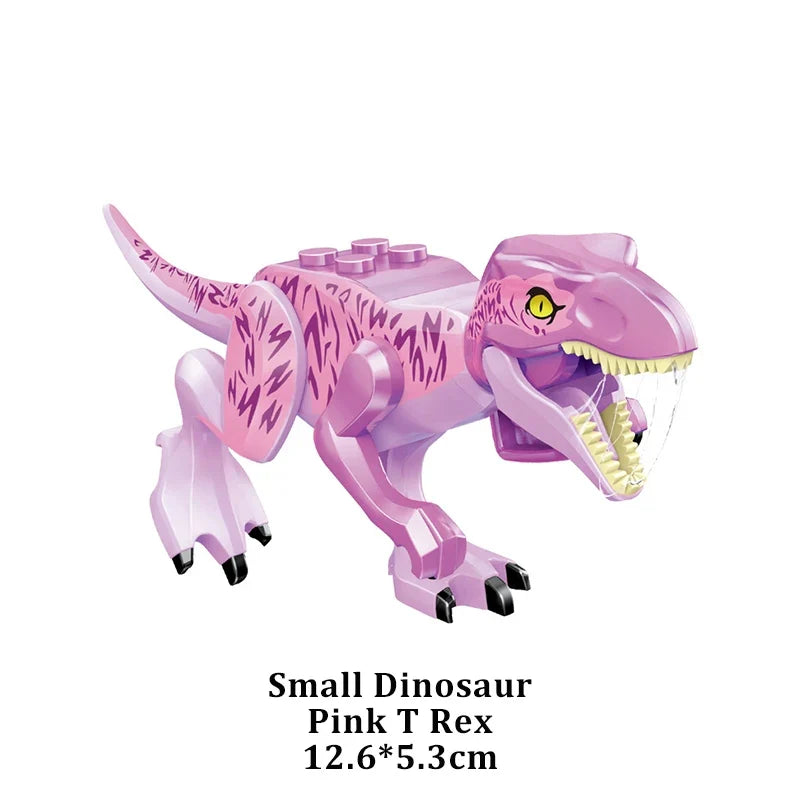 Pink T. rex dinosaur building block figure with purple face and jagged tooth details