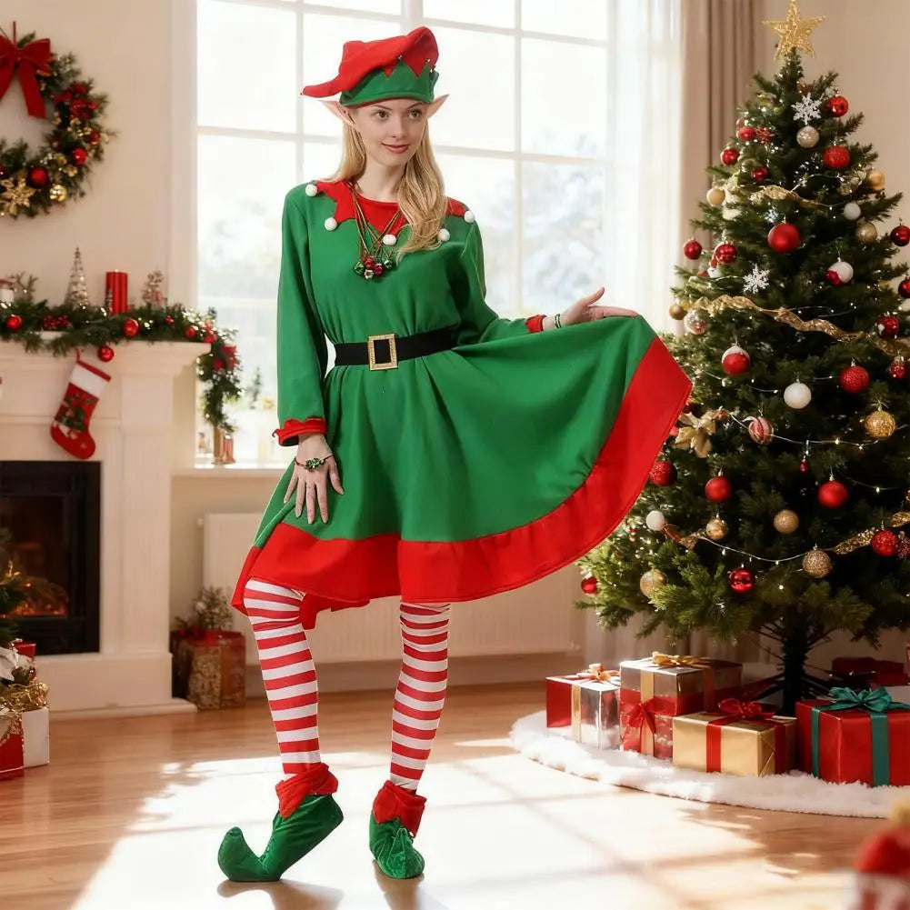 Women’s green elf dress costume with red trim, striped leggings, elf hat and green shoes