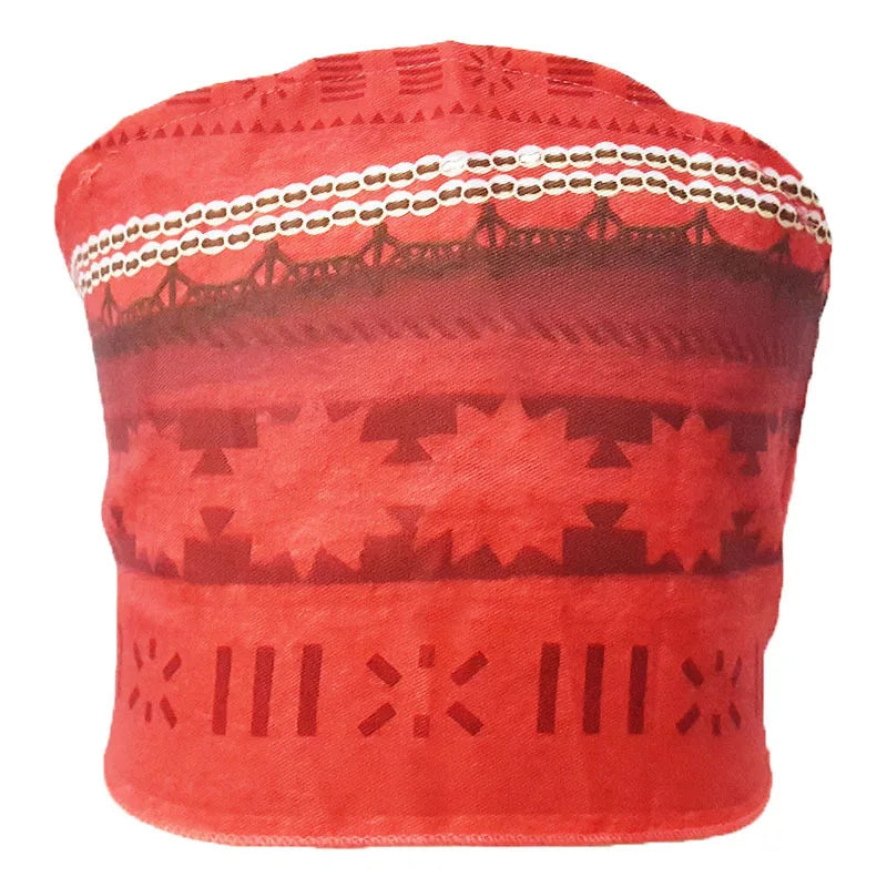 Close-up of red patterned bandeau top with decorative trim along the hem.