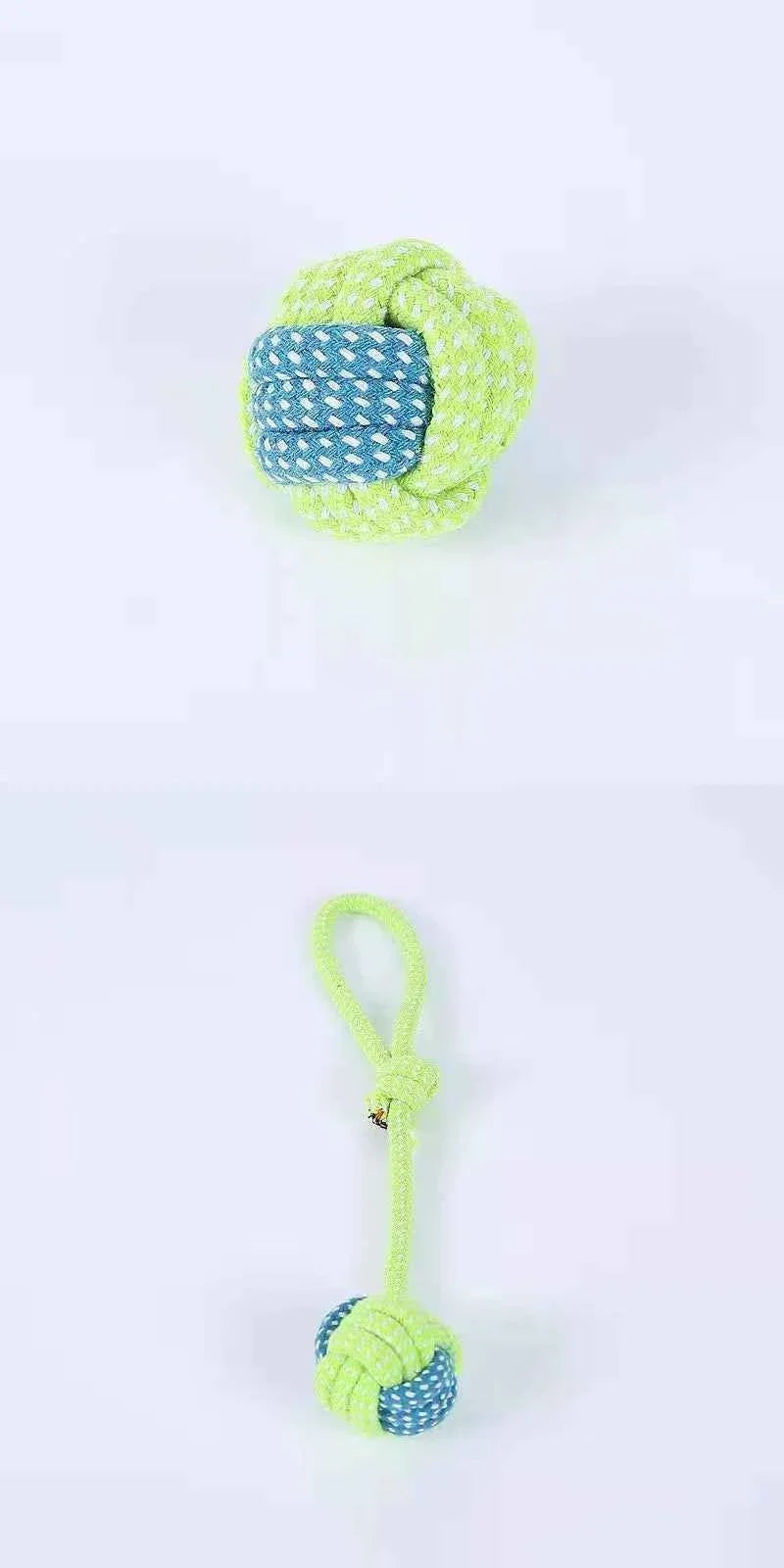 Green and blue braided cotton rope dog tug toy with rope ball at one end