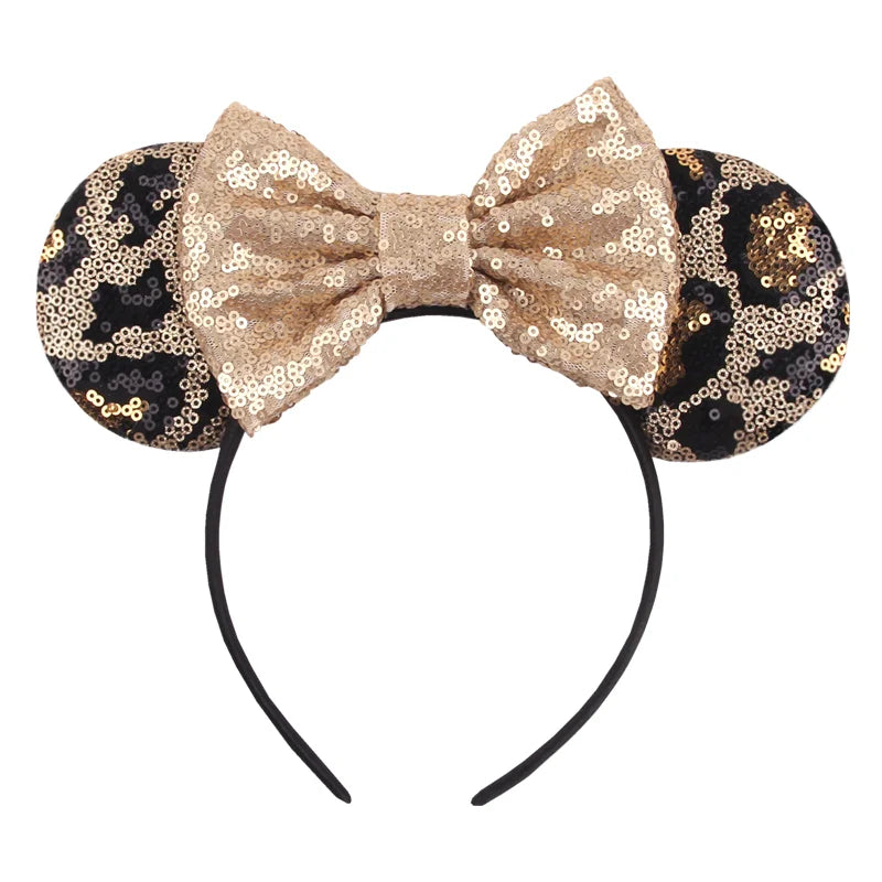 Leopard sequin Mickey ears headband with tan sequin bow