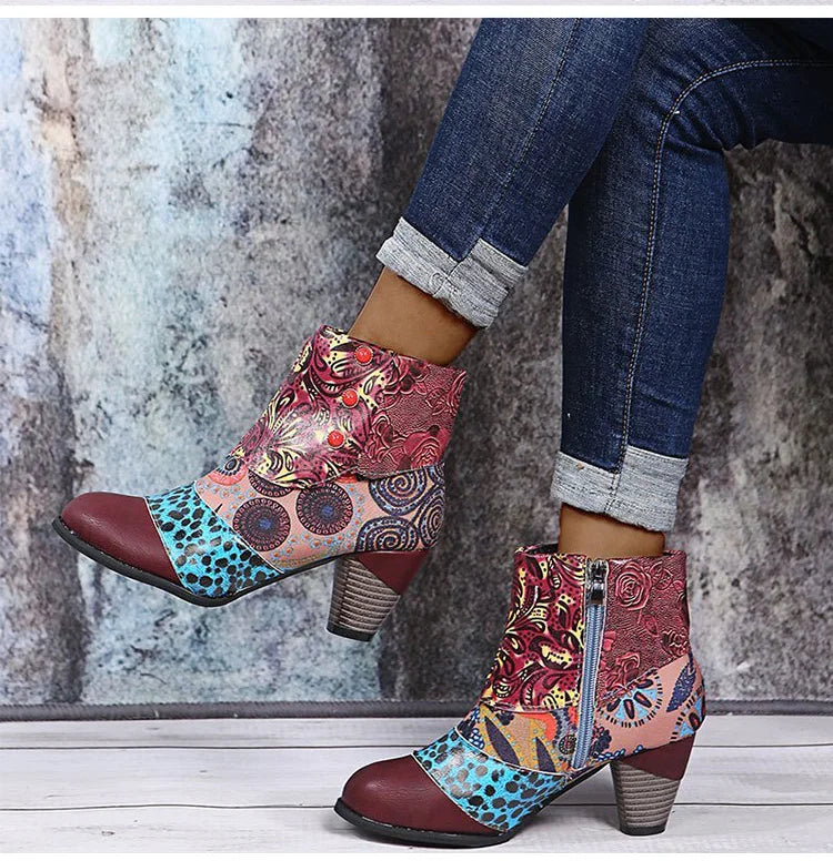 Women’s ankle boots in colorful graphic print with side zipper and chunky heel
