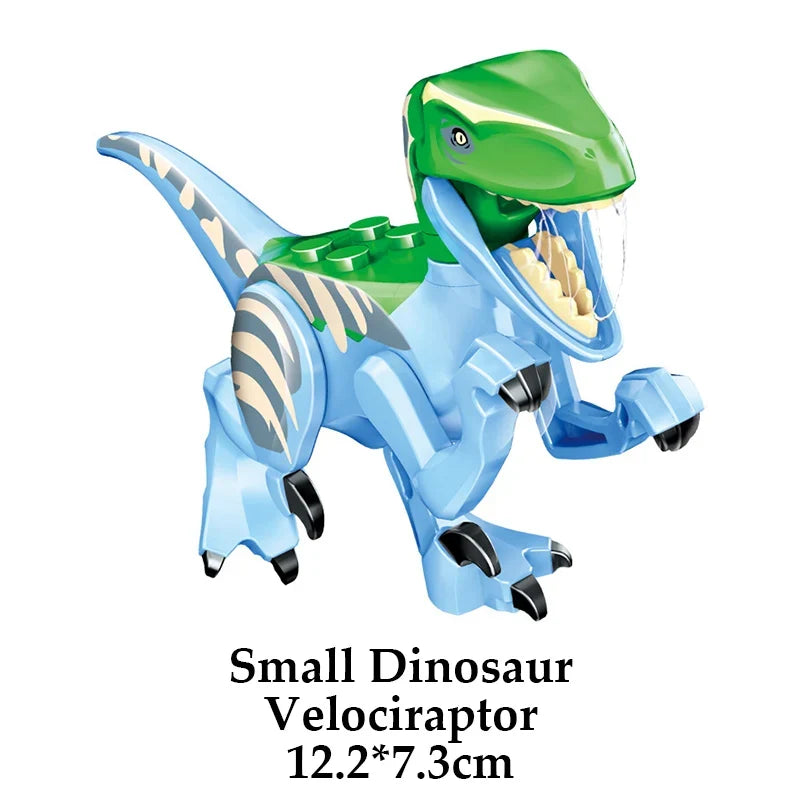 Light blue velociraptor building figure with green head and open mouth