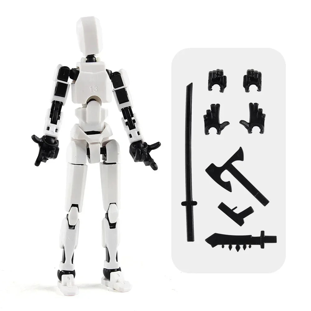 White multi-jointed robot action figure standing, with black weapon and accessory parts