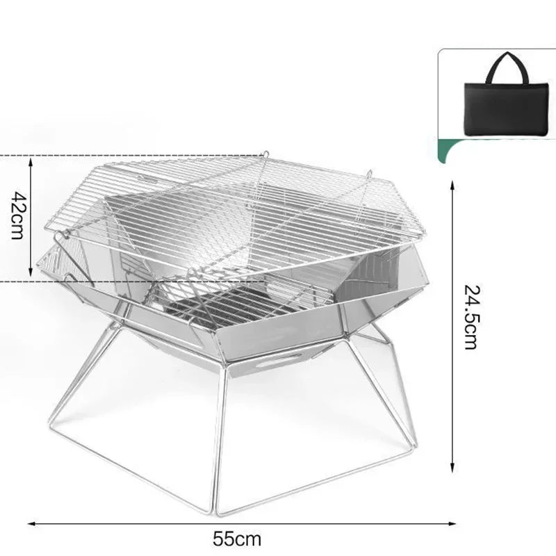 Portable folding grill with wire cooking rack and stable metal legs