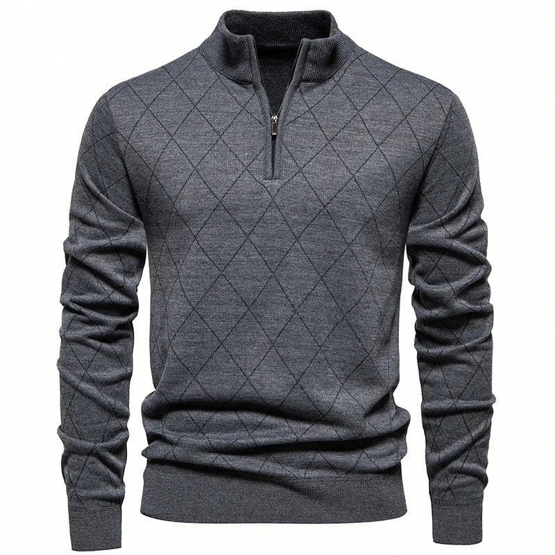 Men's half-zip knit sweater, dark gray diamond argyle pattern, stand collar, ribbed hem