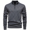 Men's half-zip knit sweater, dark gray diamond argyle pattern, stand collar, ribbed hem