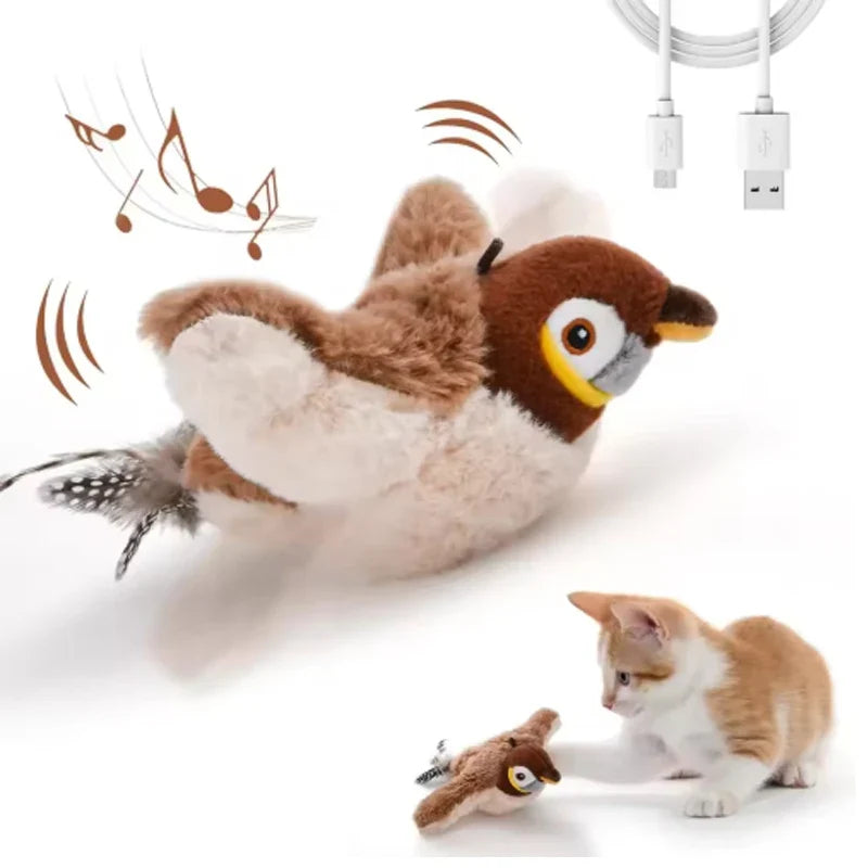 Brown plush bird cat toy with flapping wings, touch-activated