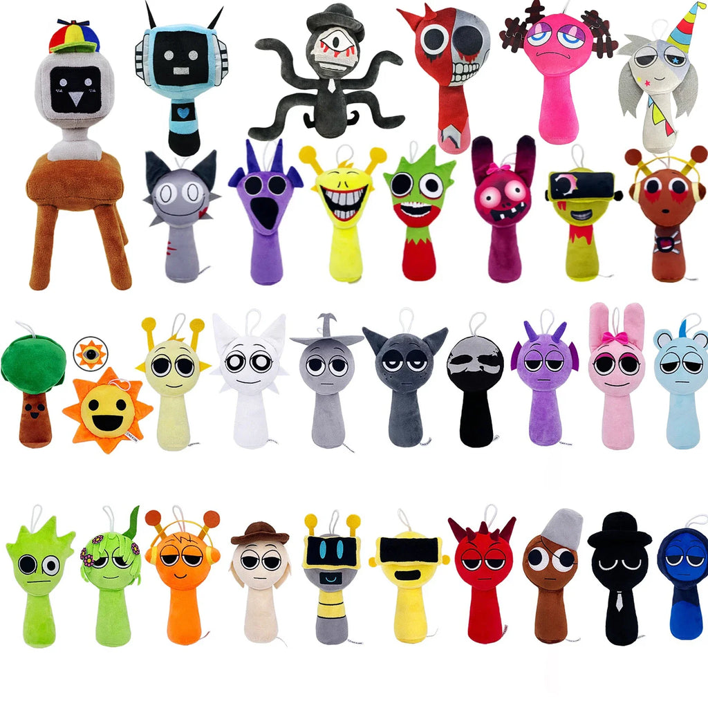 Assorted set of plush cartoon character dolls, various colors, soft stuffed toy