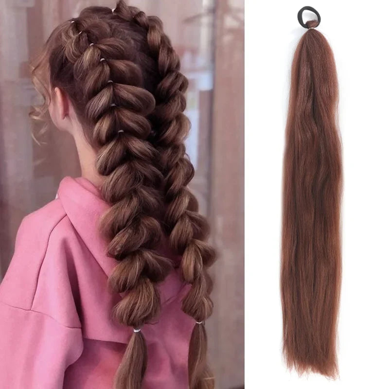 Synthetic ponytail extension with elastic hair tie, long dark brown straight hair