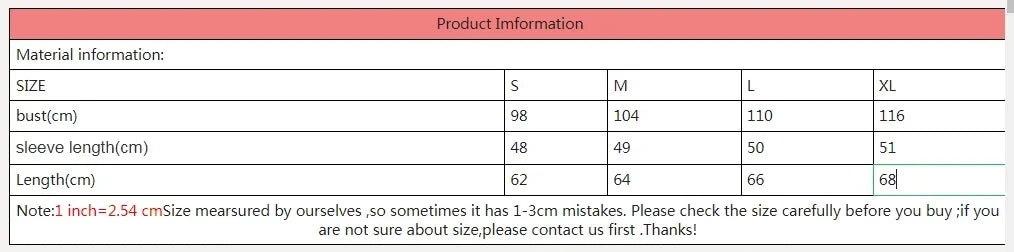Sweater size chart with S–XL measurements for bust, sleeve length, and length