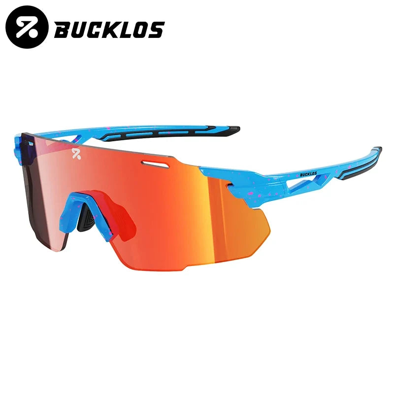 Cycling sports sunglasses with blue frame and orange-red mirrored lens