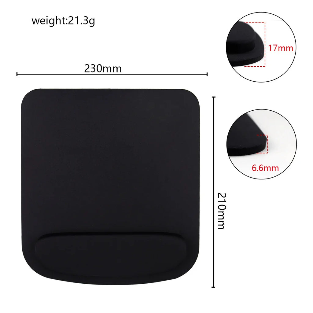 Black ergonomic mouse pad with padded wrist rest, smooth textured surface