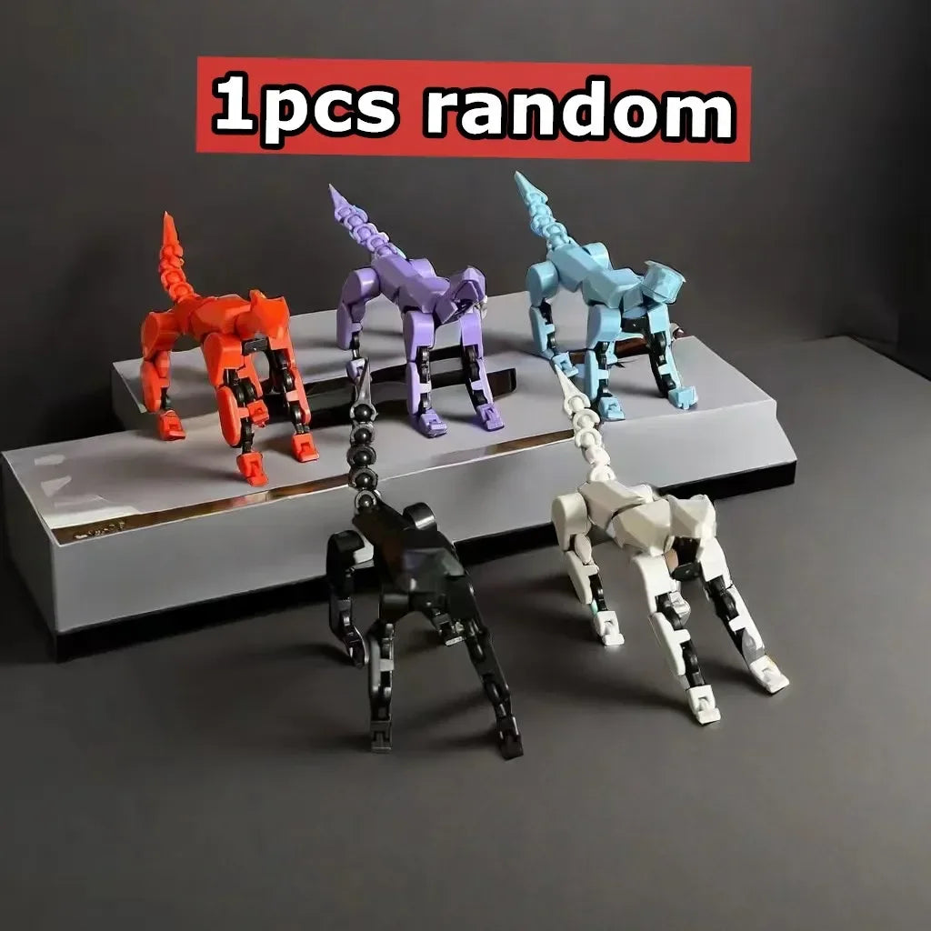Five multi-jointed robot figures in red, orange, purple, blue, and black colors