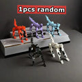 Five multi-jointed robot figures in red, orange, purple, blue, and black colors