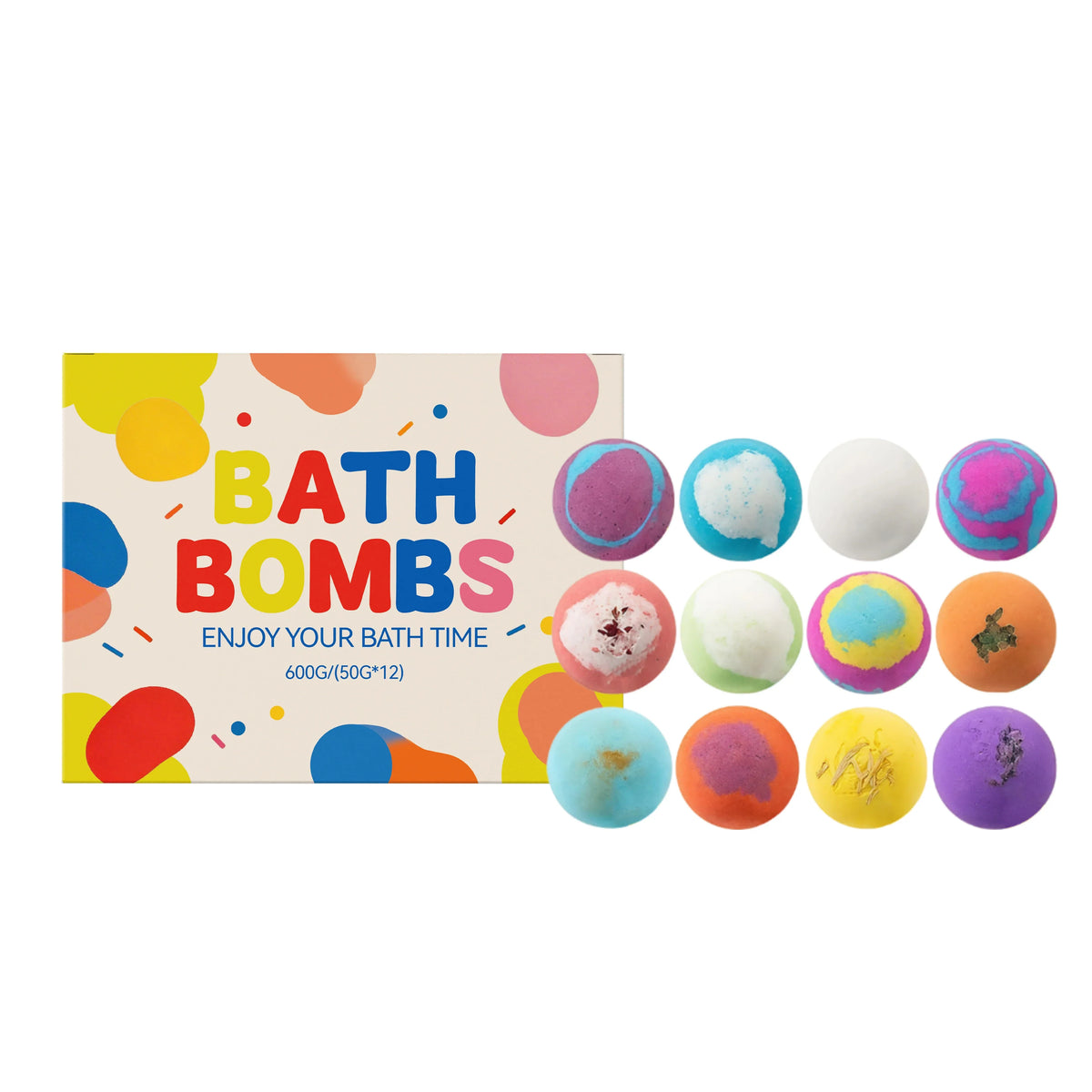 Bath bomb set box with multiple colorful bath bombs arranged for display