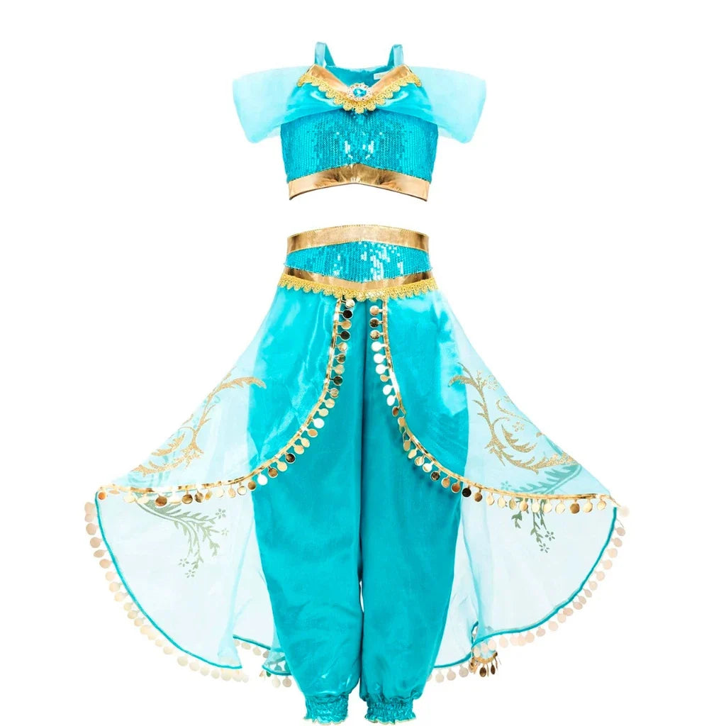 Turquoise sequin princess crop top with gold trim and matching pants with white overlay panels