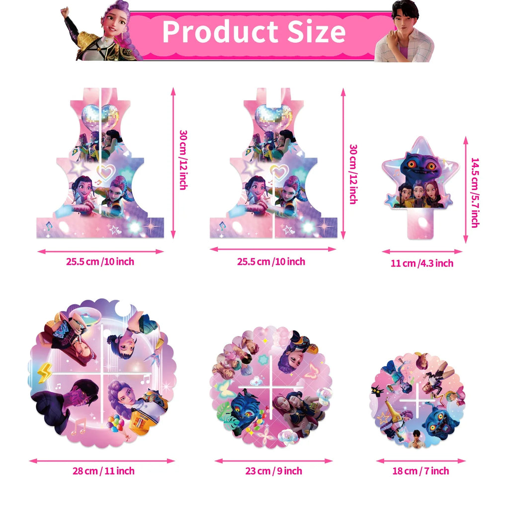 Three-tier star-shaped dessert stand size diagram with character artwork